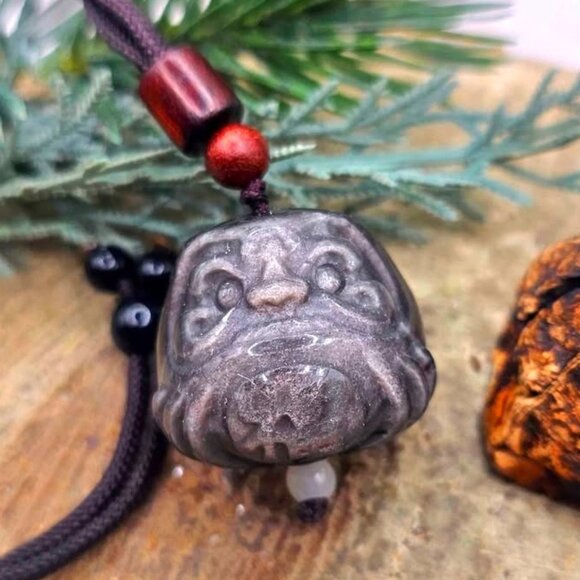 Nature Silver Obsidian Cat Eye Flash Daruma Doll Pendant Necklace - Picture 1 of 10